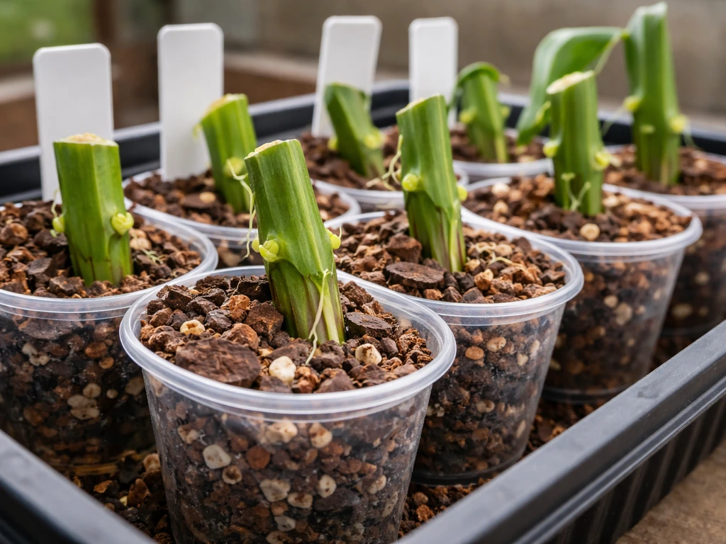 Close-up of vanilla stem cuttings in small pots with an orchid-style mix, beginning to root