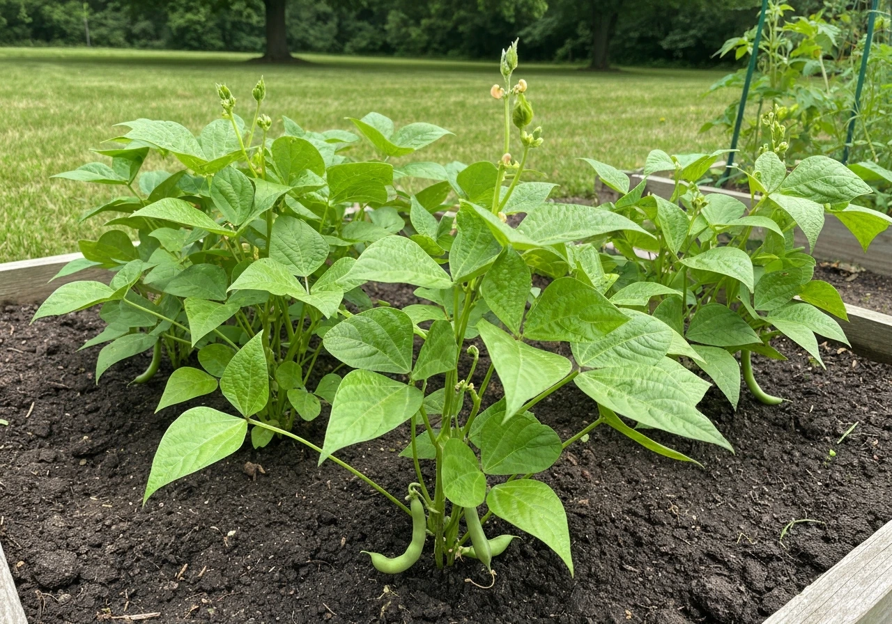 Healthy black bean plants with pods in a raised bed in an Ohio-style backyard garden.