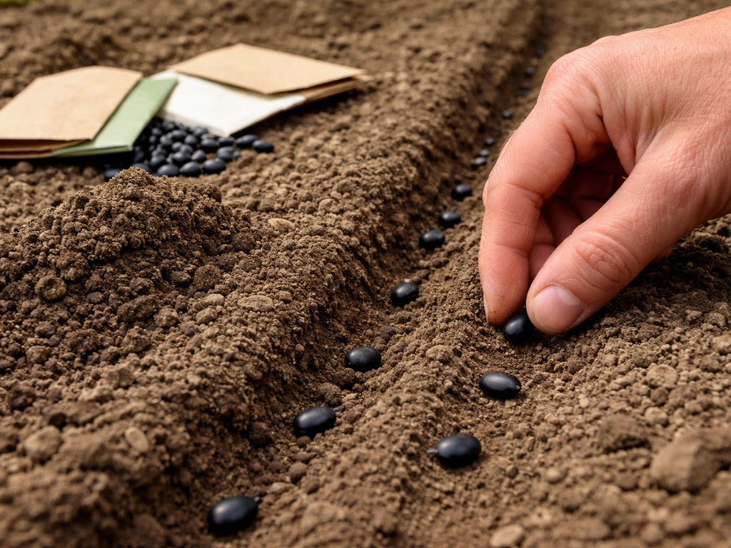 Hand placing black bean seeds into a shallow garden furrow for direct sowing.