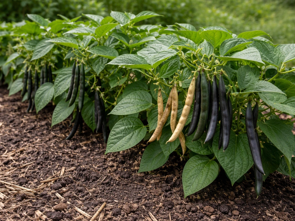 Compact bush black bean plants in an Ohio garden with pods forming and a few drying on the vine.