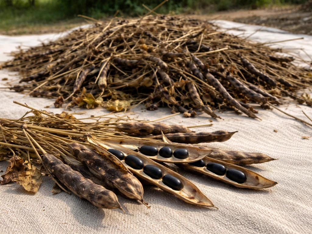 Dry black bean pods and pulled plant stems laid out to finish curing on a clean tarp