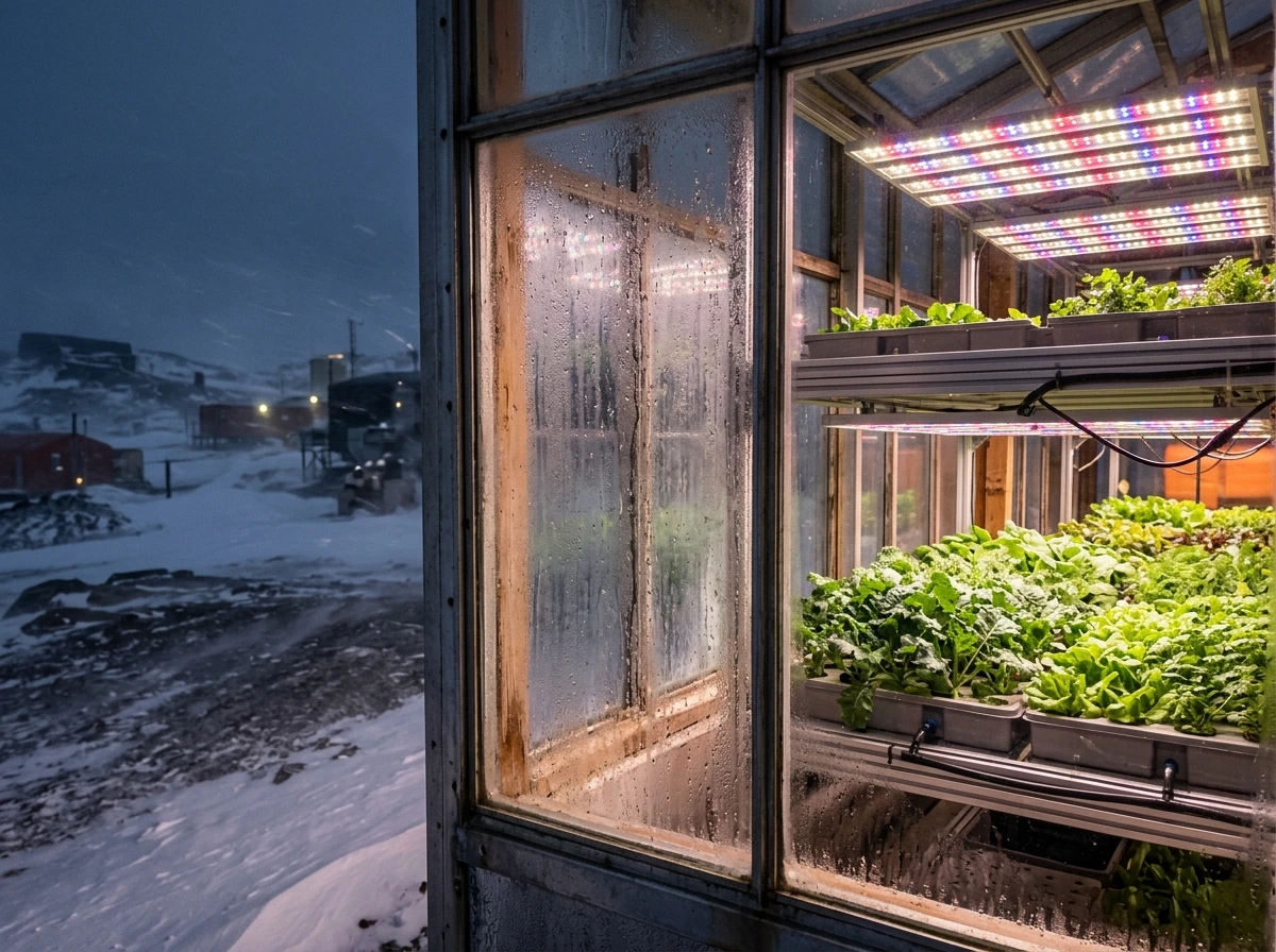 LED grow lights over leafy greens inside a greenhouse with stormy snow outside