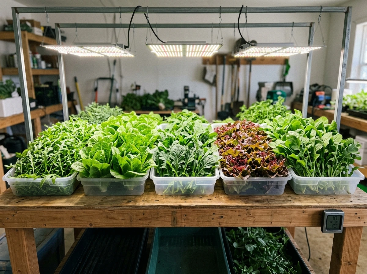 Harvested leafy greens arranged under grow lights to show what works