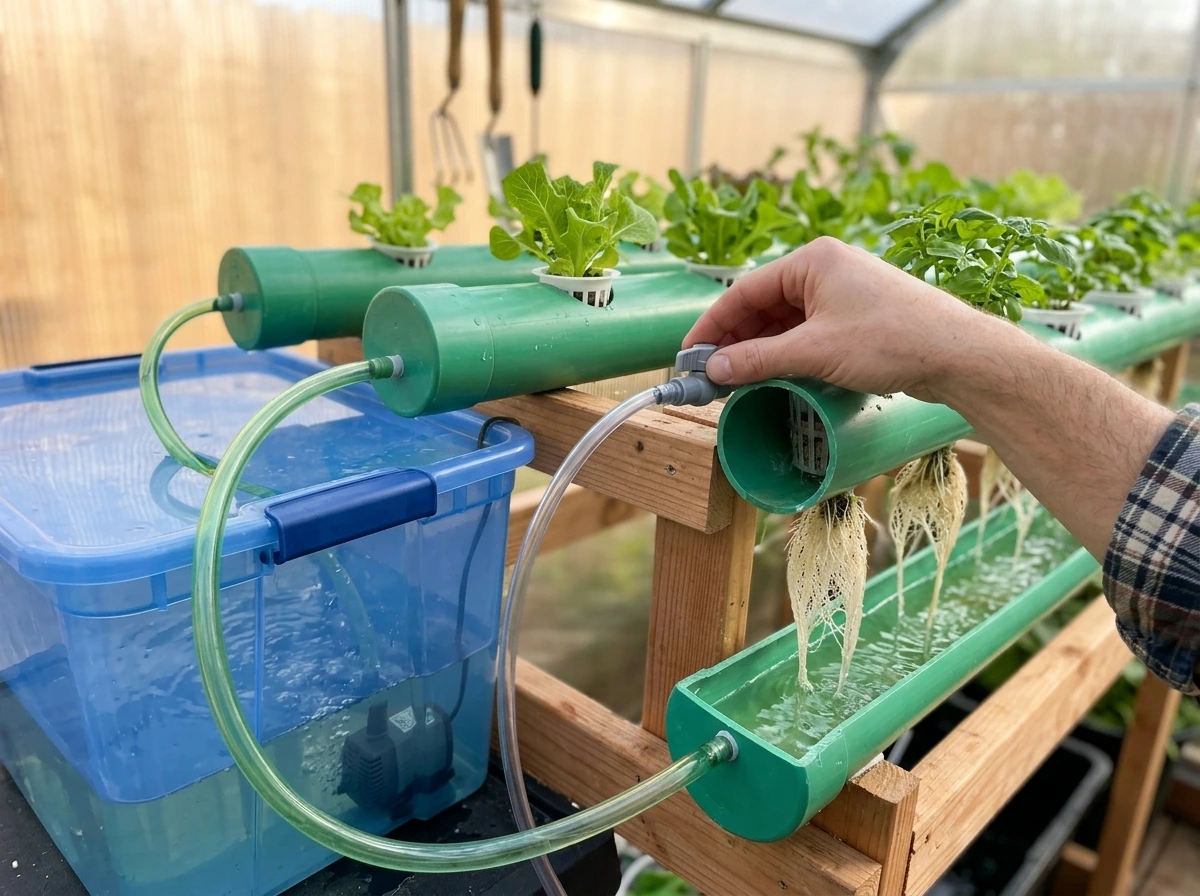Hydroponic reservoir with pump and nutrient lines feeding hanging roots