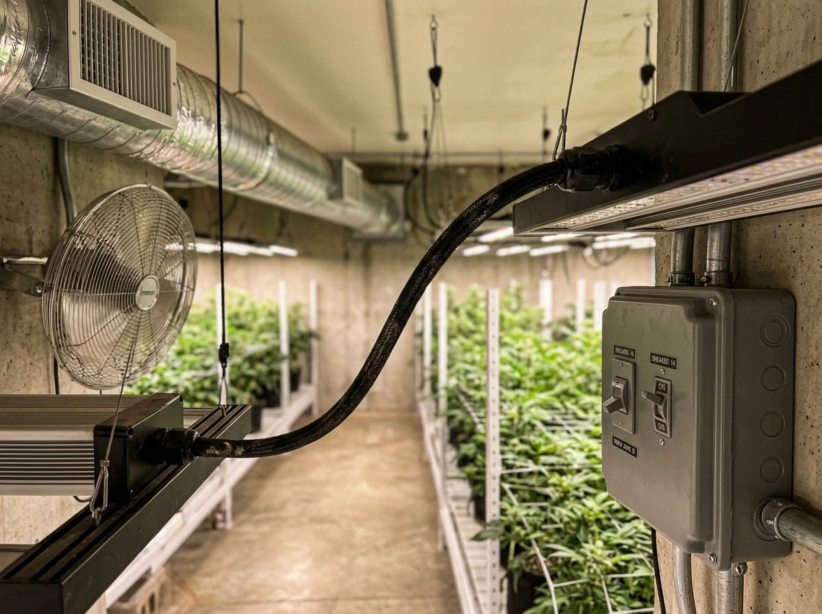 Grow light fixture and power/control equipment in a sealed Antarctic-style grow room