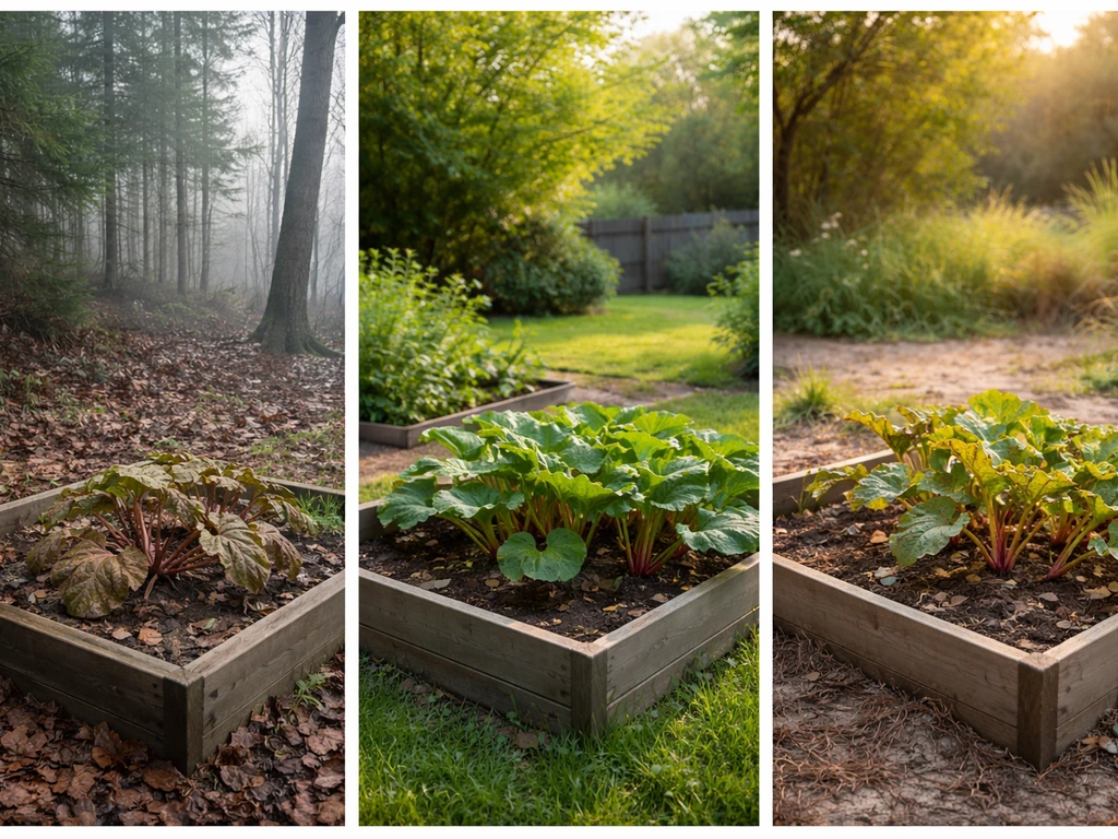 Three-panel photo showing simplified North, Central, and South Georgia garden conditions for rhubarb success