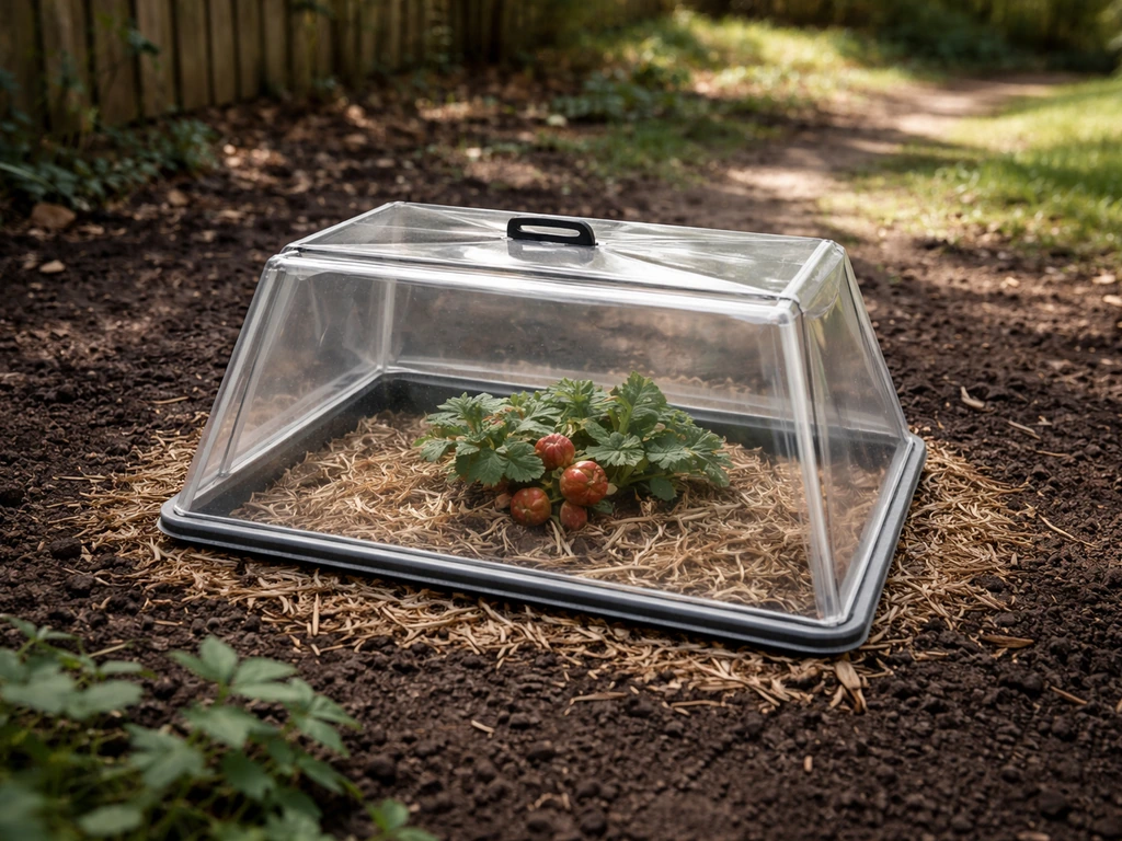 Rhubarb plant crown protected in a shaded, north-facing garden edge with mulch and cold-frame cover