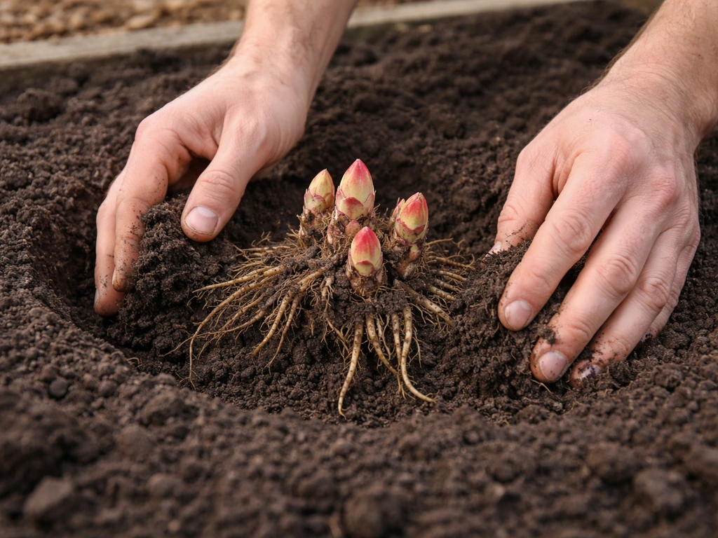 Hands placing a rhubarb crown into a prepared hole with soil being gently covered at correct depth.