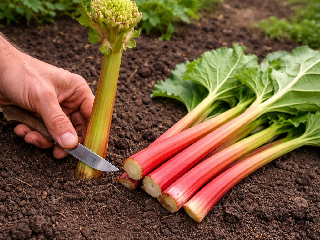 Fresh rhubarb stalks beside a thick flower stalk being cut at the base in a garden bed