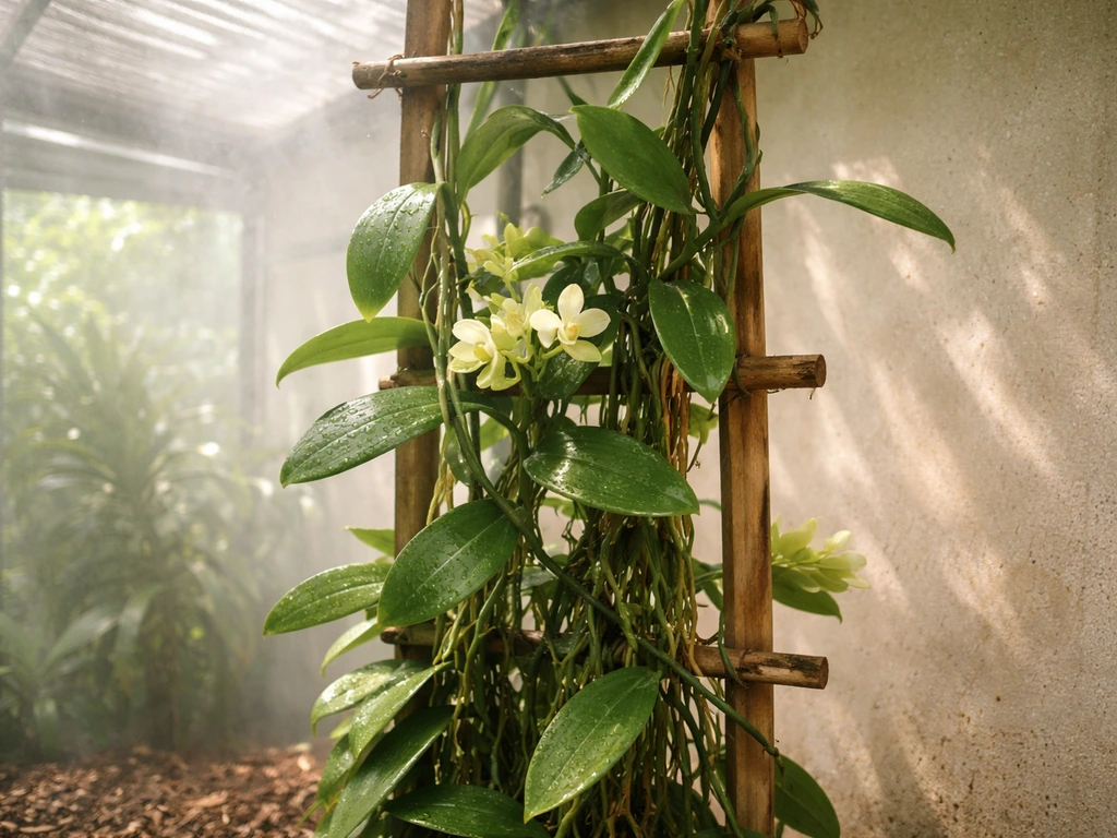 Vanilla orchid vine climbing a trellis in a humid greenhouse with filtered sunlight and misty air.