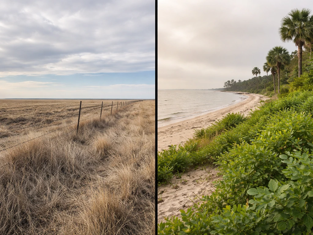 Split-view photo collage of an arid Texas landscape and a steamy Gulf Coast scene to suggest freeze risk vs humidity for