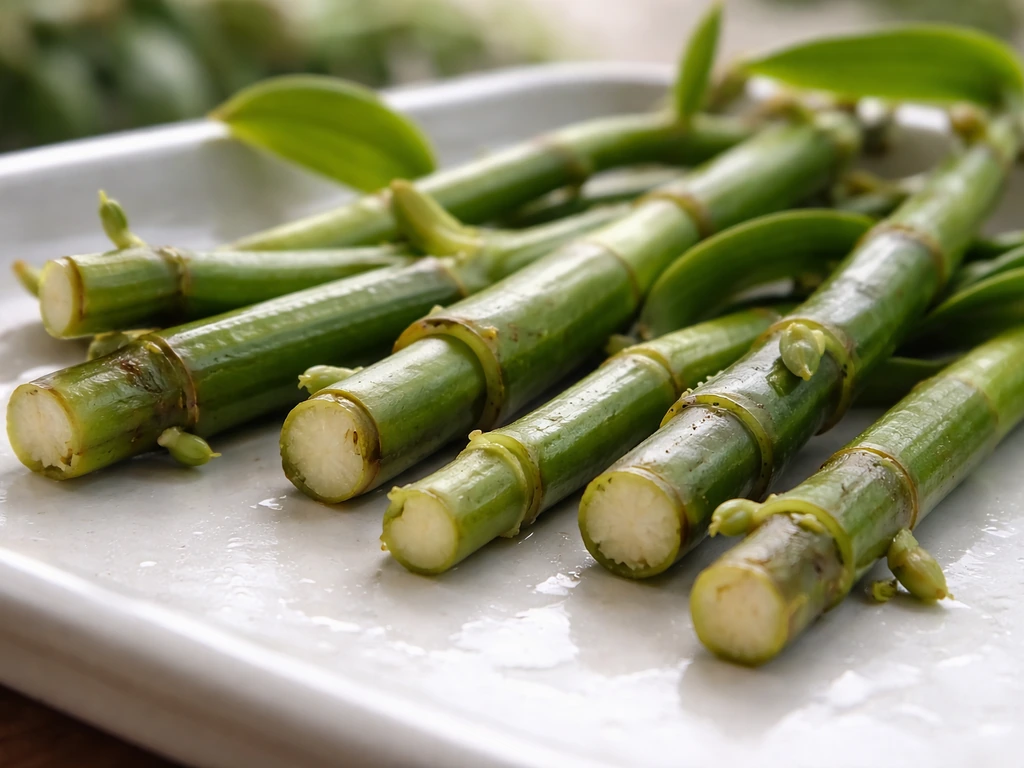 Close-up of fresh vanilla orchid cuttings with healthy nodes and cut ends on a clean surface