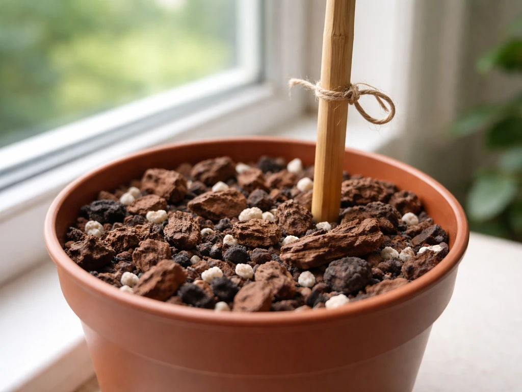 Chunky orchid mix in a container with a simple trellis pole, showing an epiphytic, non-soil growing setup