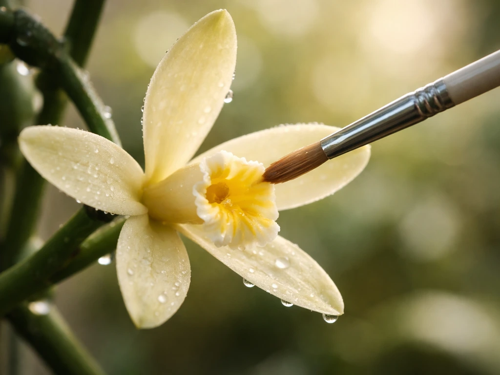 Close-up of a vanilla orchid flower being hand-pollinated with a small tool in early morning light.