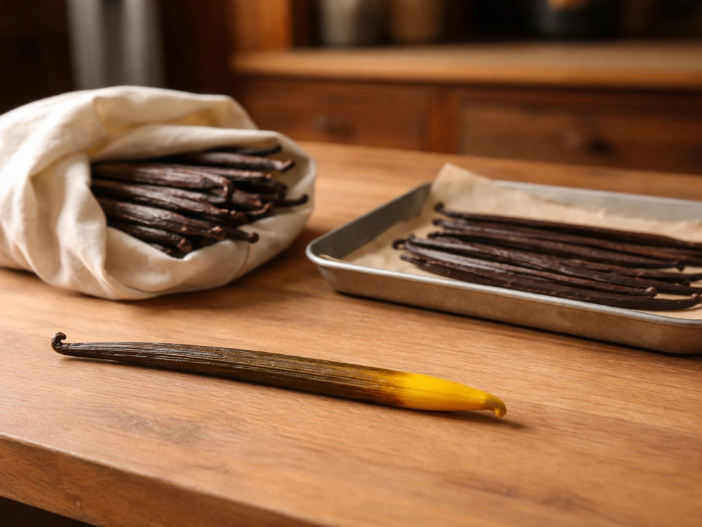 Vanilla pods at harvest ripeness beside cloth-wrapped and drying pods on a wooden table.