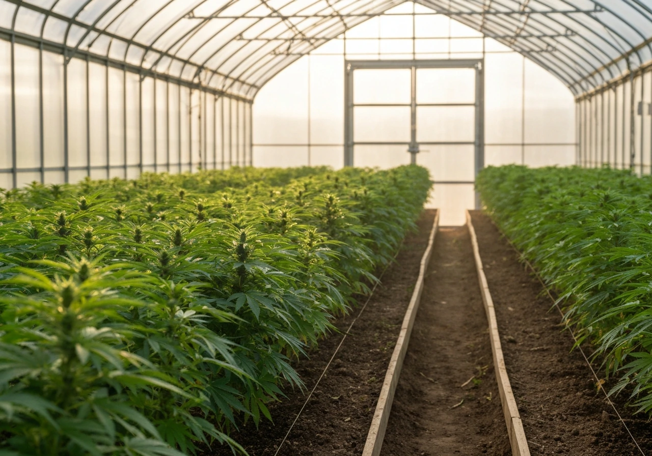 North Carolina hemp plants growing in a greenhouse with warm sunlight, showing lawful cultivation setting.