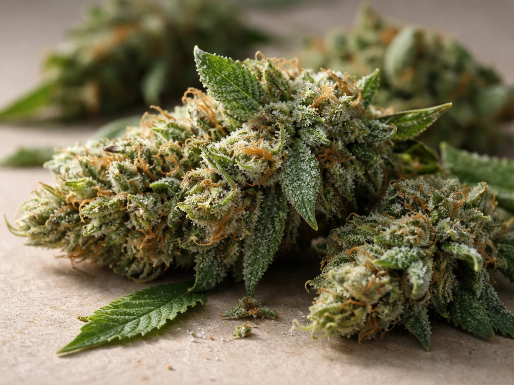 Close-up of fresh cannabis/hemp buds and leaves emphasizing raw, pre-decarboxylation texture and resin glands.