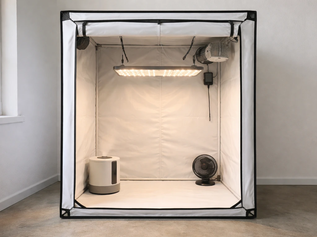 Minimal indoor grow tent setup with LED light, fan, humidifier/dehumidifier, and hygrometer/controller.