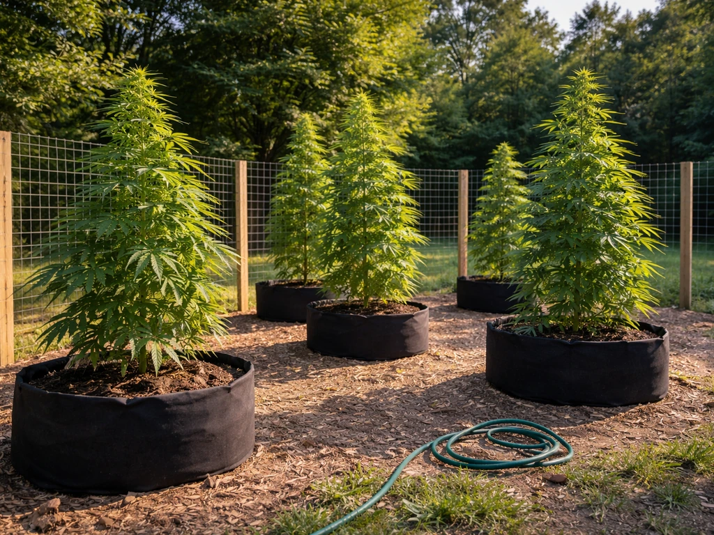 Tall photoperiod hemp plants in a fenced monitored garden, sunlit with watering hose nearby.