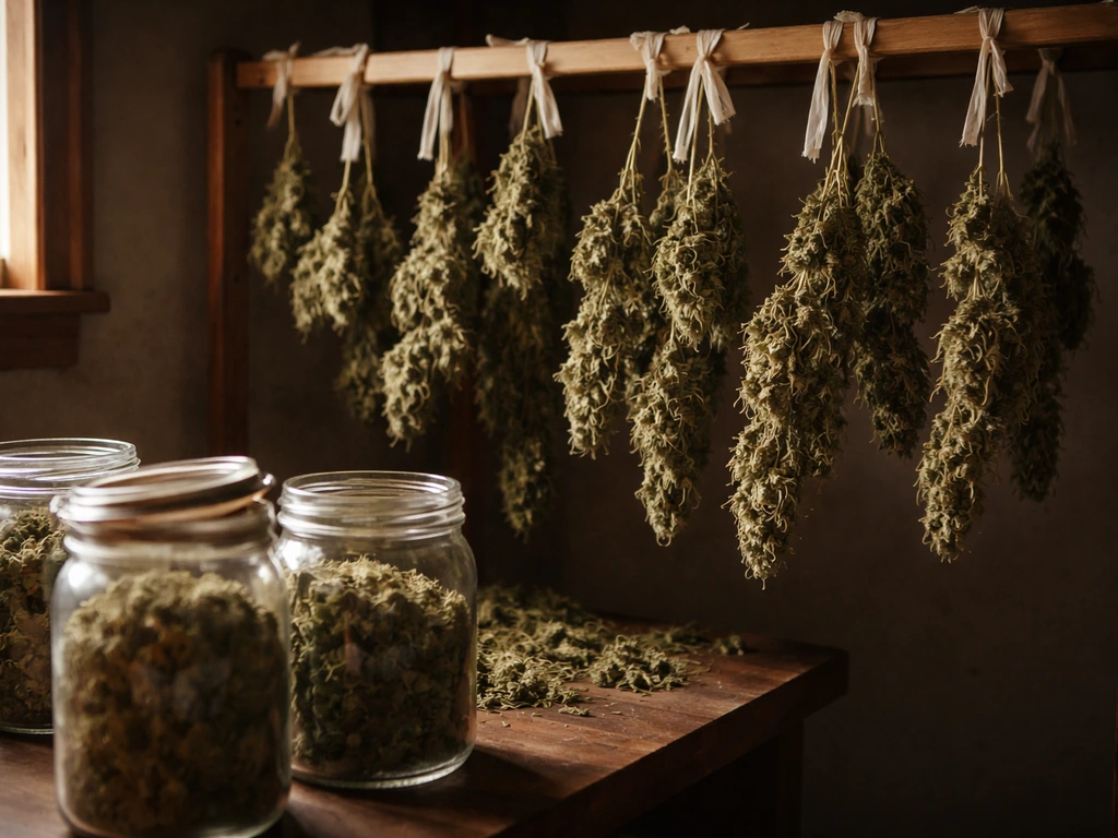 Drying branches hung on a wooden rack in a dark room, with glass jars of buds nearby.