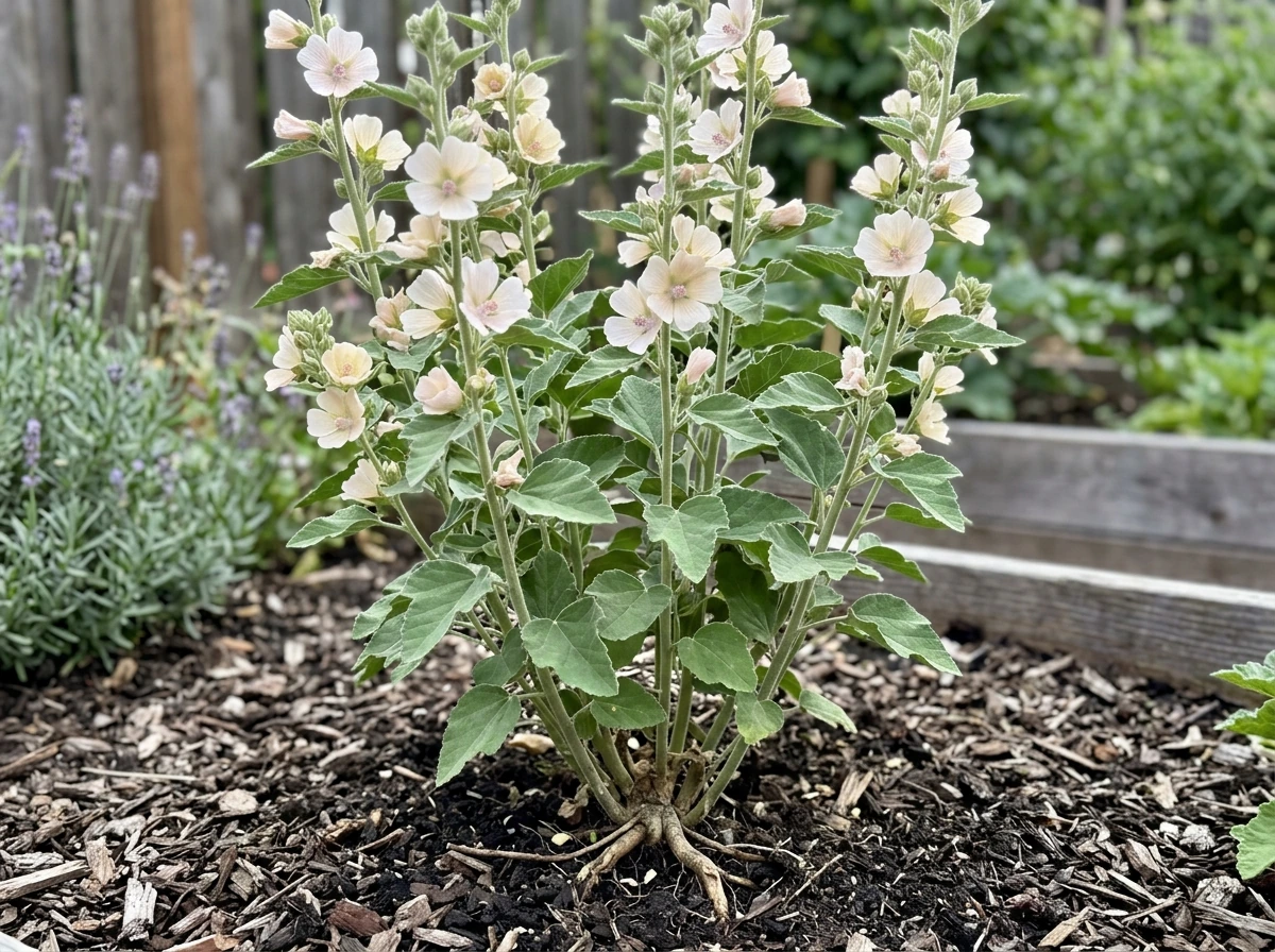 Marshmallow plant (Althaea officinalis) in a garden bed with pale pink flowers