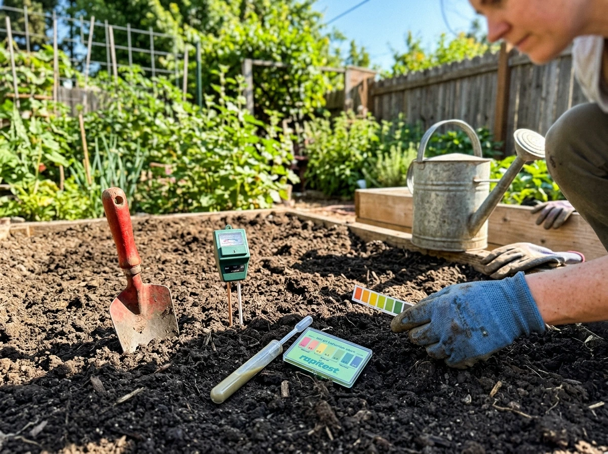 Garden soil pH and moisture checks in a planting spot