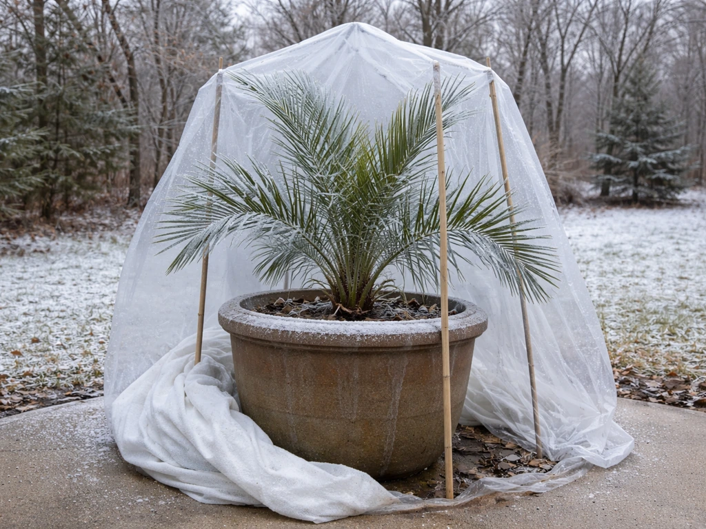 Date palm in a large container with frost protection during a snowy Missouri winter backdrop