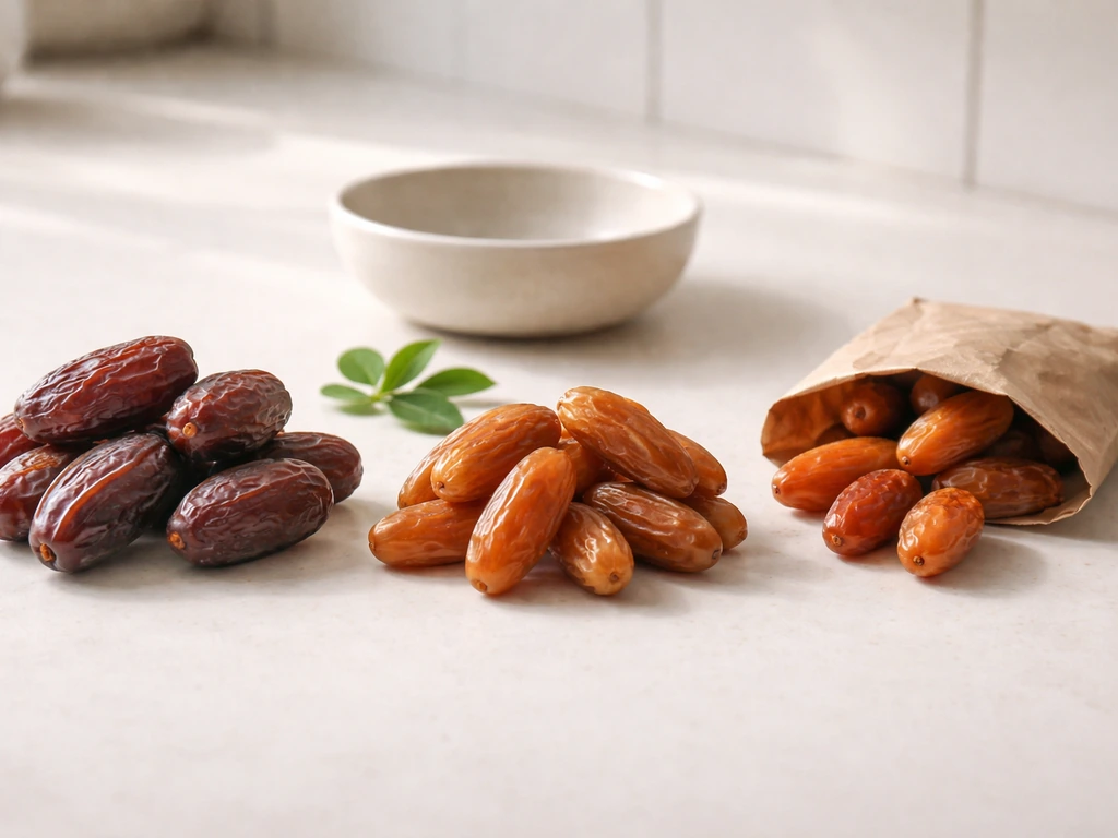 Medjool and Deglet Noor dates placed beside a small box of cold-hardy date variety, on a kitchen counter.