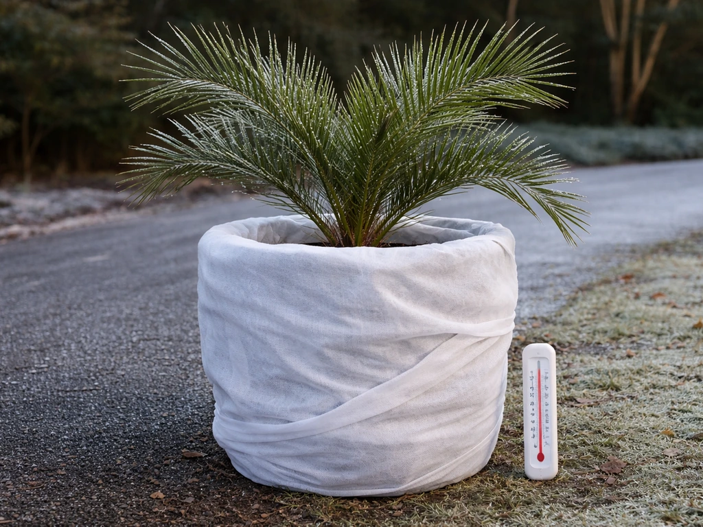 Date palm in a container wrapped with frost cloth, with a small thermometer indicator beside it.