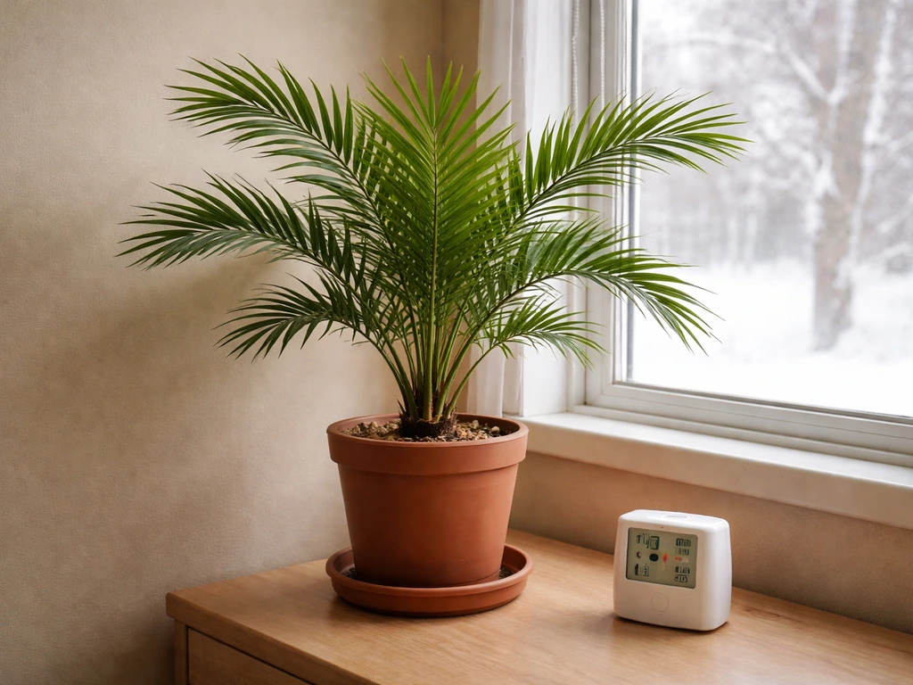 Container date palm indoors near a bright window with a small thermometer/hygrometer by the pot