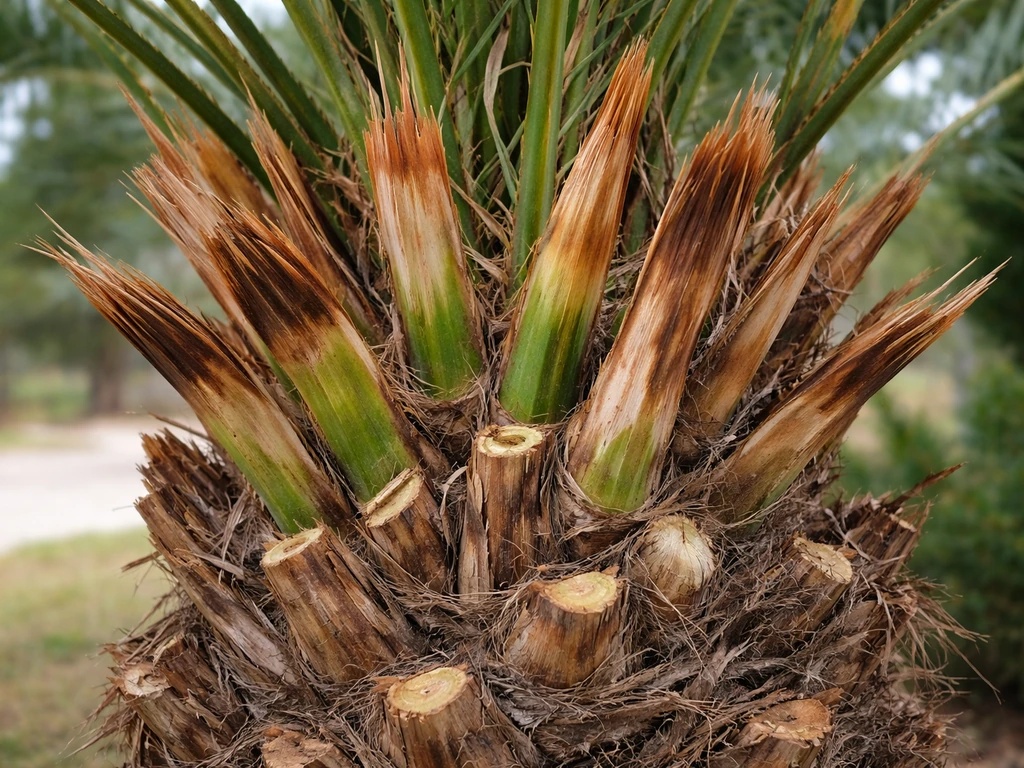 Close-up of a date palm frond with brown/orange cold-damaged tips and trimmed fronds near the trunk.