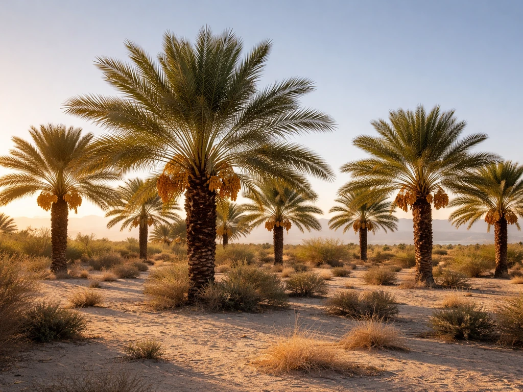 Sunlit date palms in a Coachella Valley grove under a desert-like sky, showing California date-growing conditions.