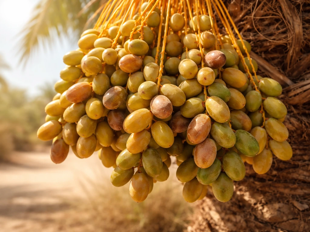 Close-up of a date palm fruiting cluster with developing dates against a bright, hot desert sky