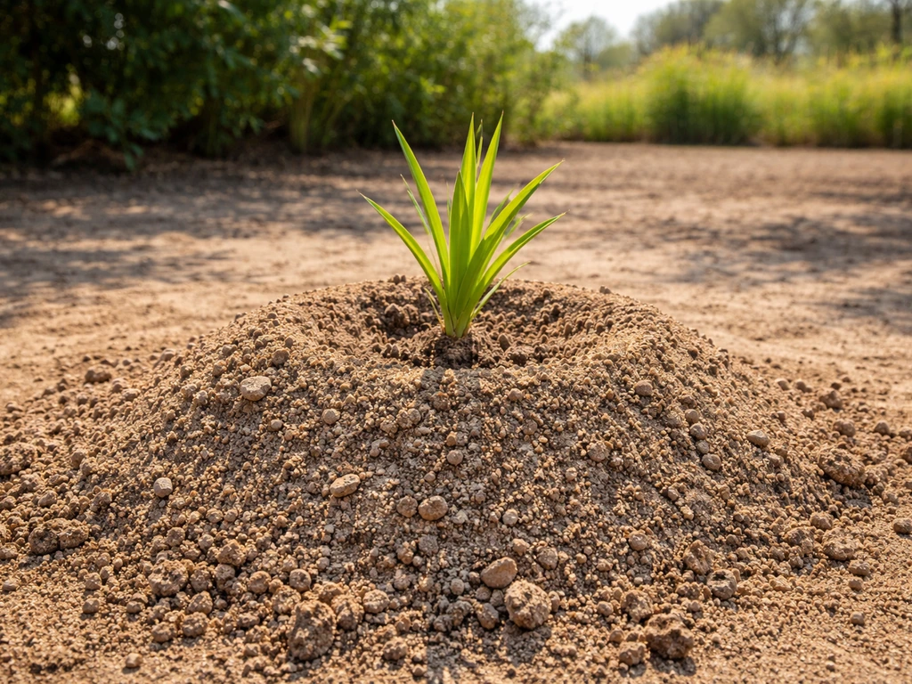 Raised mound with well-drained soil and a small date palm seedling in a sunny garden bed