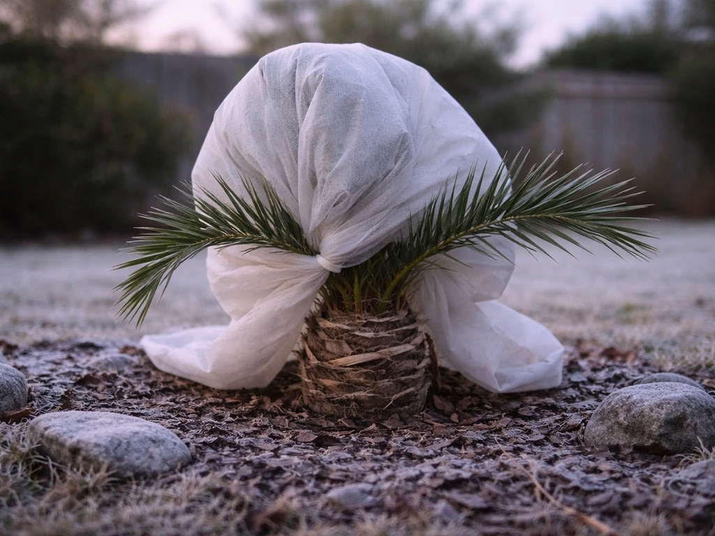 Young date palm covered with frost cloth in a cold yard, emphasizing the protected growing point near the ground.