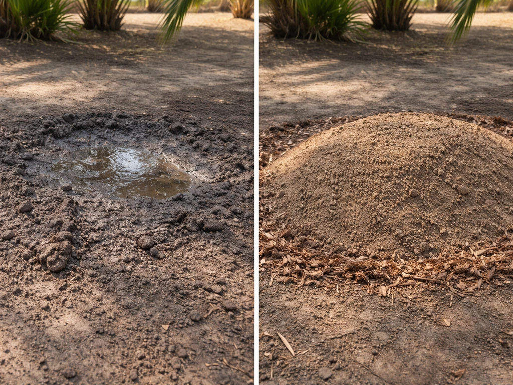 Split view of waterlogged compacted clay soil on one side and a raised well-draining mound on the other.