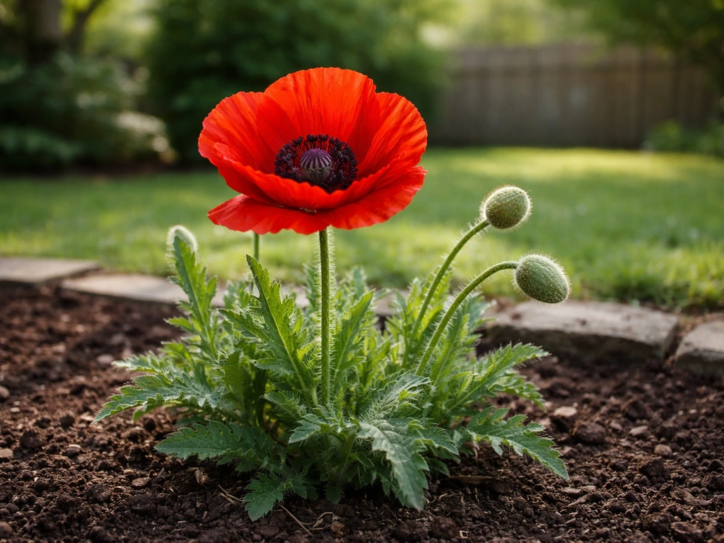 Close-up of a red ornamental poppy blooming in an Ohio garden bed with dark soil and blurred greenery.