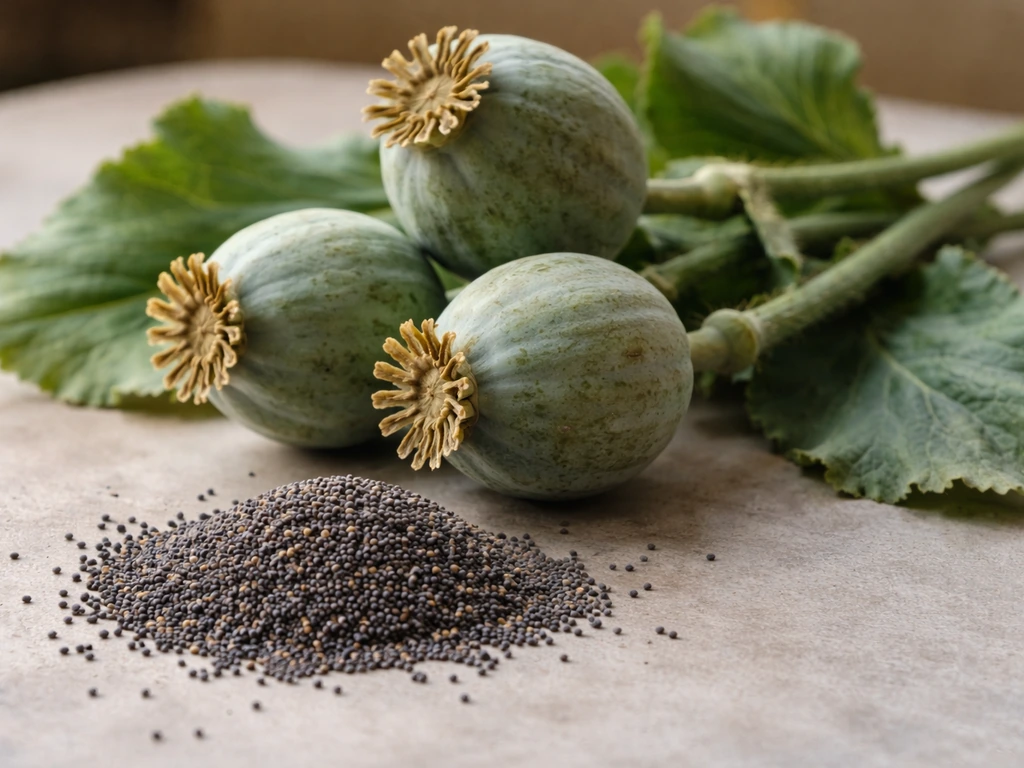 Close-up of an opium poppy plant beside a small pile of poppy seeds on a neutral surface