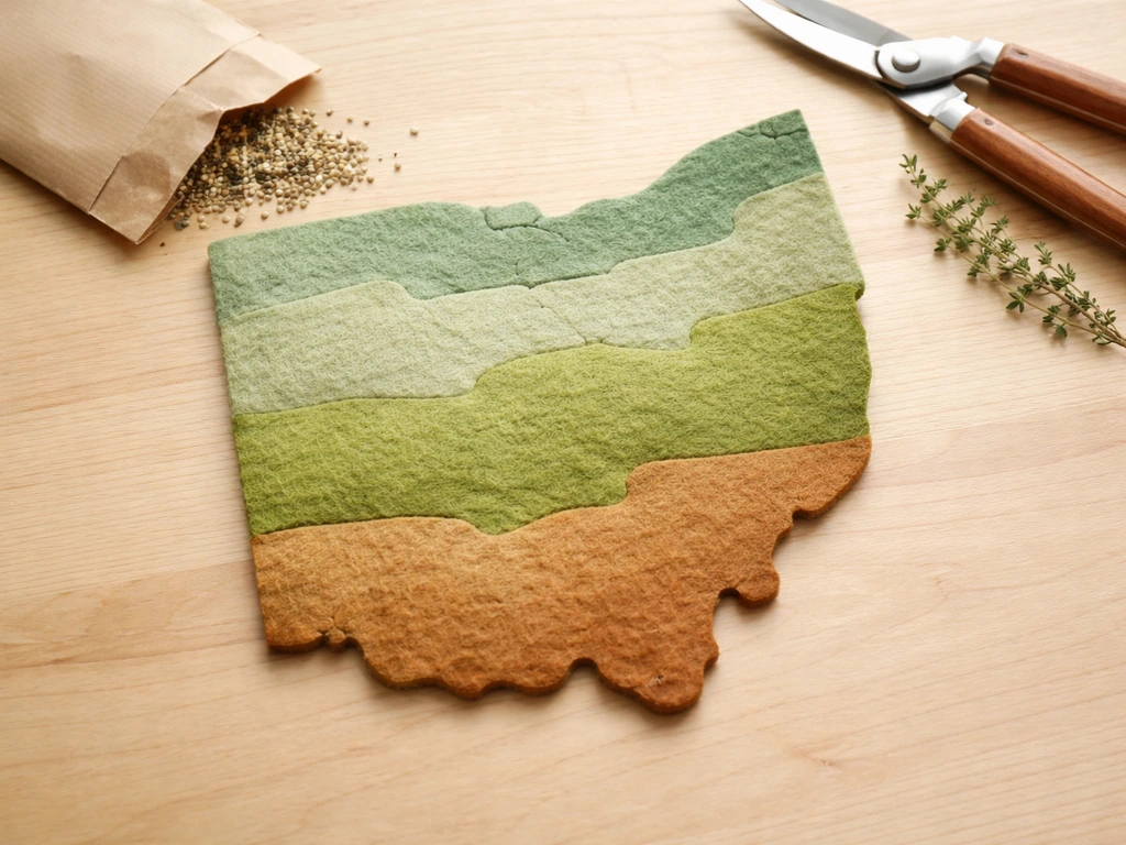 Map-like view of Ohio with soft zone shading and three climate-highlight regions for poppy planting timing.