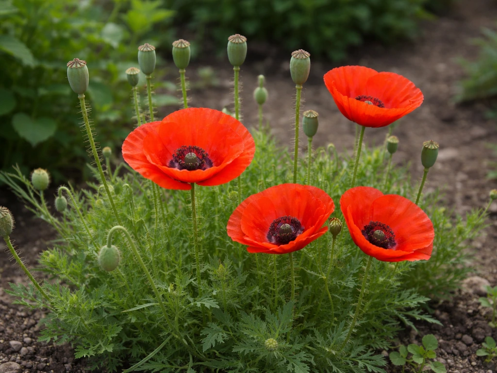 Red corn poppies with closed seed pods in an Ohio garden bed soil, early summer