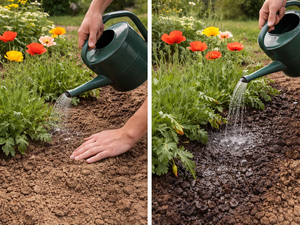 Gardener watering poppies after dry soil check, contrasted with too-frequent shallow watering on damp soil.