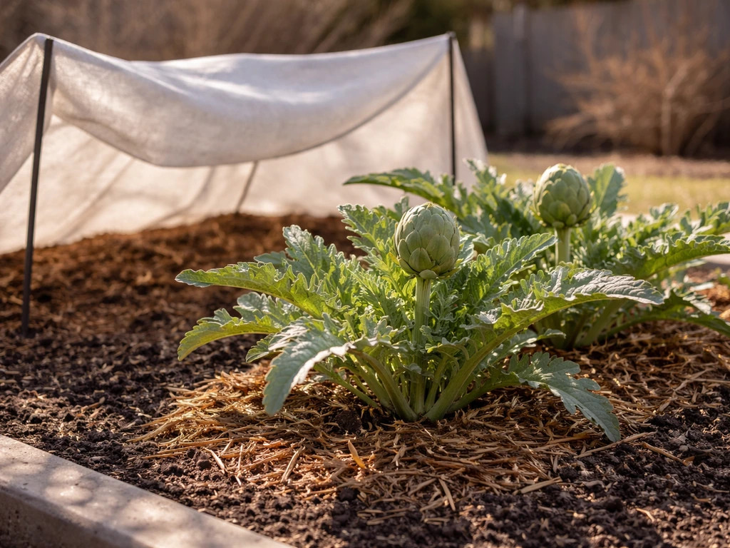 Texas garden bed with artichoke plants and developing buds beside mulch and shade cloth for spring heat protection.