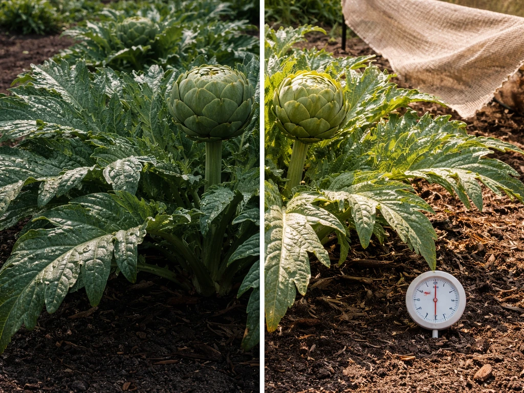 Artichoke plant with cool-season leaves and a contrasting hot Texas-sun scene using shade cloth.