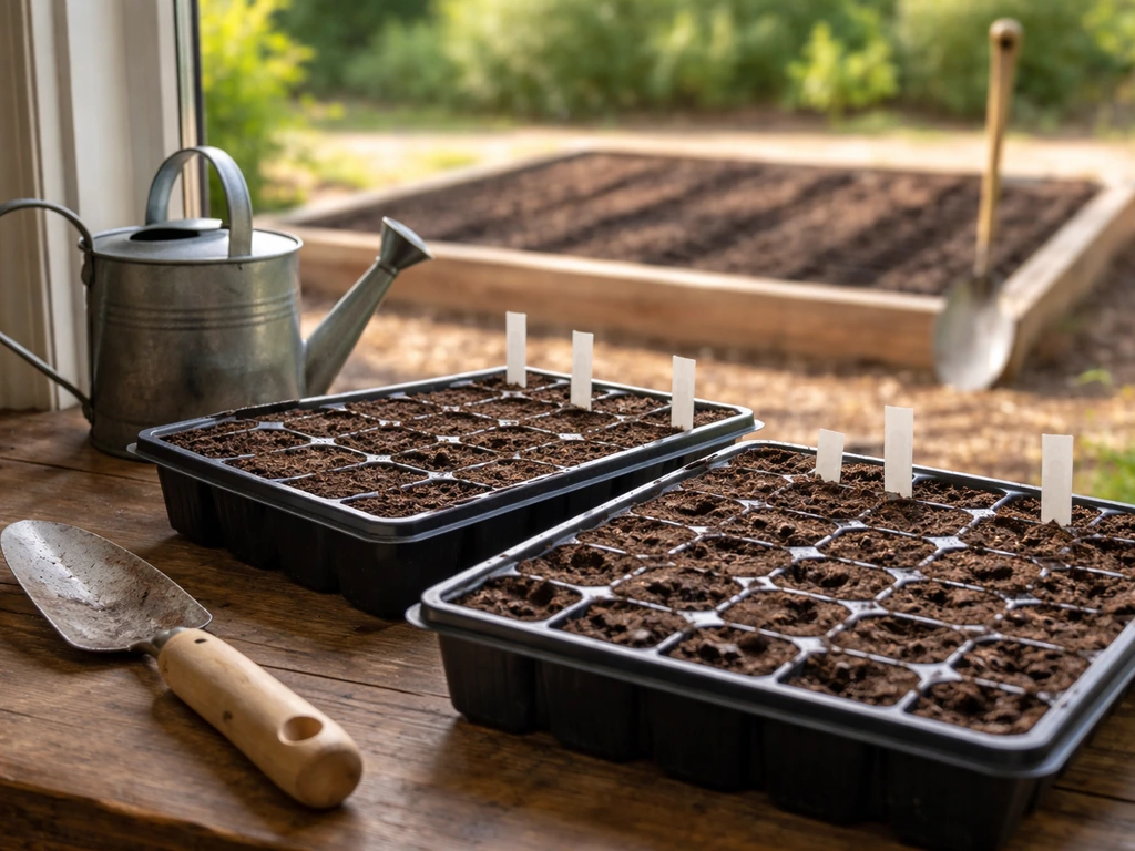 Indoor seed-start trays in a sunny window, with prepared garden soil and a spade for fall transplanting.