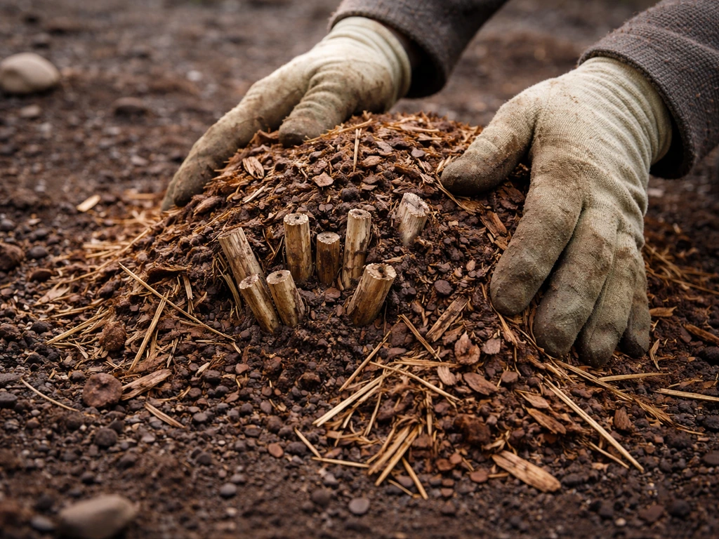 Hands mulching the crown of a garden plant with straw for winter protection in North Texas/Panhandle.