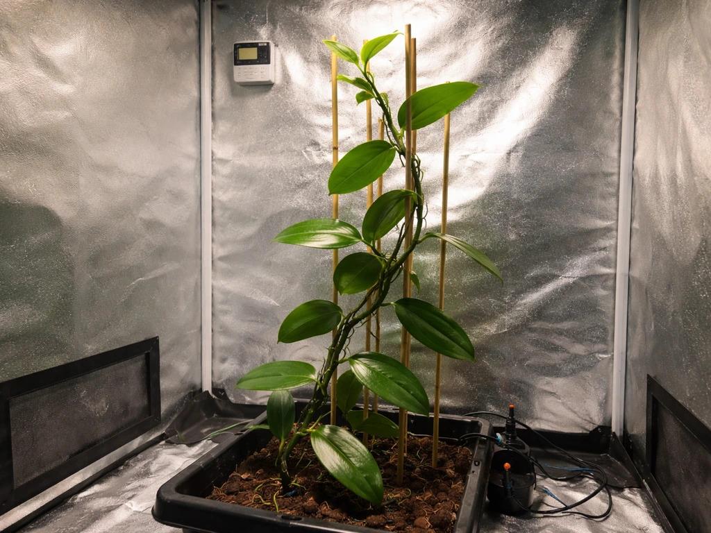 Vanilla orchid vine inside a grow tent with supporting stakes and a humidity gauge, showing controlled indoor conditions