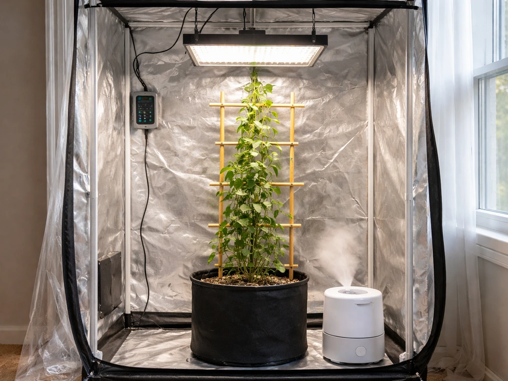 Minimal indoor grow tent in Ohio with visible light, humidity device, controller, and trellis support
