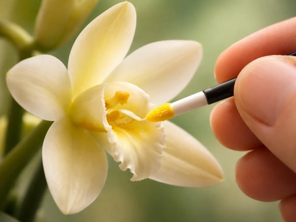 Macro close-up of fingers transferring pollen from vanilla orchid anther to stigma indoors