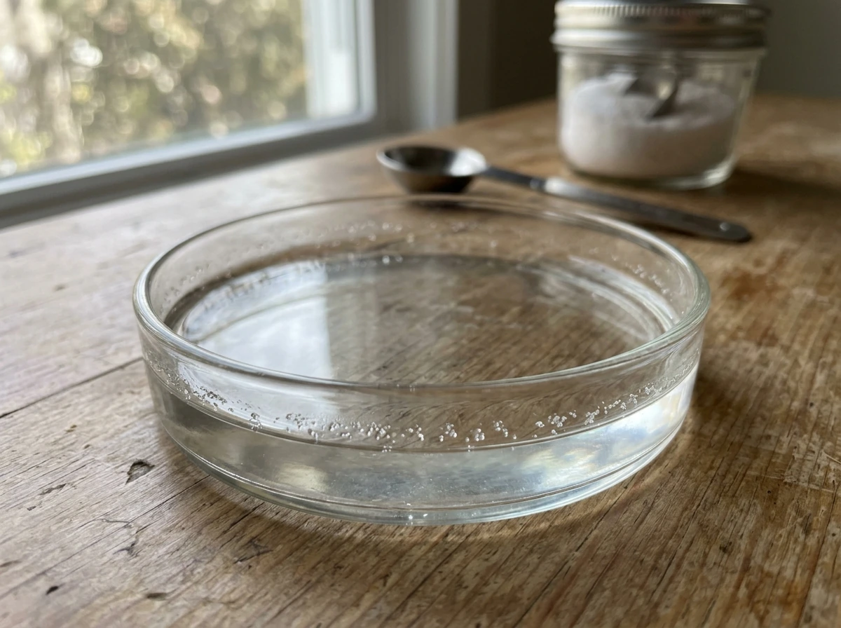 Clear distilled-water brine in a glass dish beginning to form salt crystals