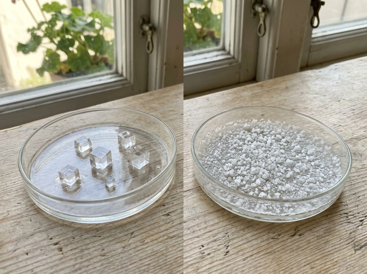 Slow evaporation produces larger, well-formed salt cubes compared with a fast-evaporating crust